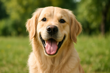 A cheerful golden retriever smiles brightly in a lush green field, showcasing its friendly and playful nature. This happy dog embodies the joy of companionship and outdoor fun.