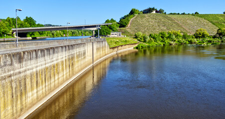 Fototapeta premium Saar river lock and dam with vineyard on sunny day in germany