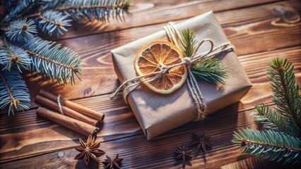 Rustic Christmas Gift Wrapped in Brown Paper Decorated with a Dried Orange Slice and Pine Sprigs on a Wooden Surface