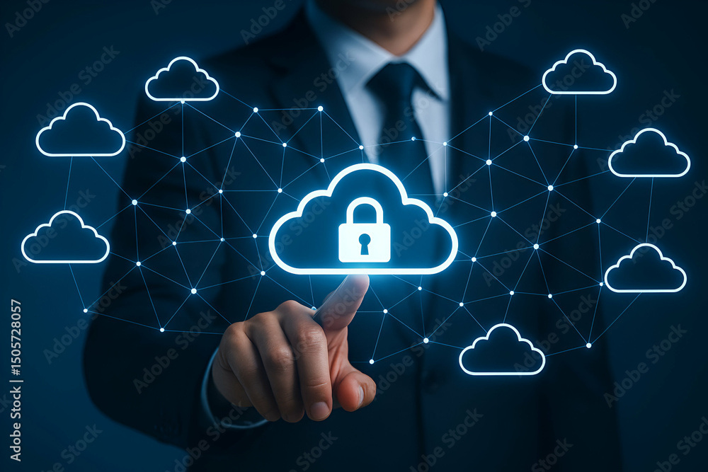 Poster a business professional interacting with digital cloud technology, emphasizing data security and con