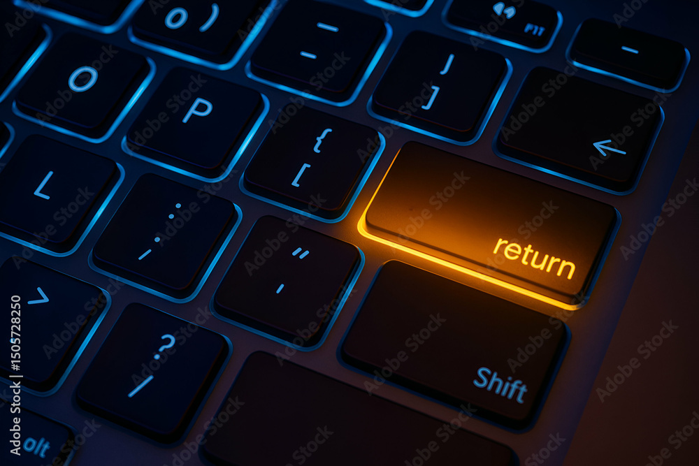 Poster a close-up view of a backlit keyboard highlighting the return key in vivid orange