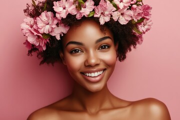 Naklejka premium Black woman with summer flower crown smiling