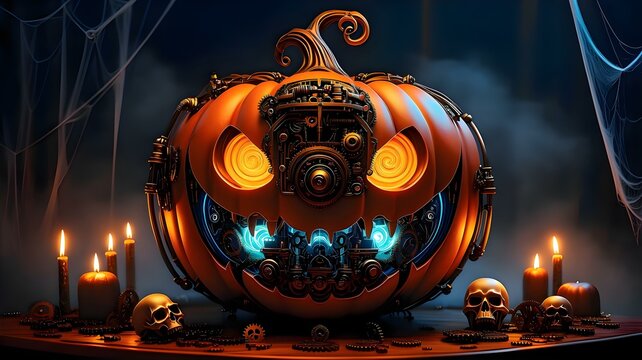 Steampunk Cybergoth Halloween Pumpkin with Biomechanical Gears, Glowing Gothic Carving and Neo-Baroque Industrial Decor in Dark Ambience