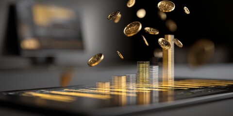 business growth expansion optimization. Digital coins floating above a cityscape on a laptop screen, symbolizing virtual finance.