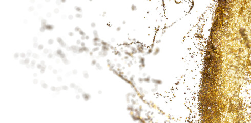 Sparkling gold glitter explosion on white. Perfect for celebratory designs, invitations, and more.