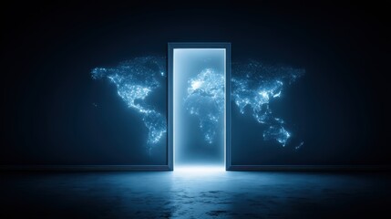 business growth expansion optimization. A glowing door opens to a digital world map in a dark setting.