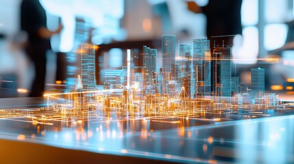 Blurred image of a futuristic city skyline with glowing lights towering skyscrapers and a sense of technological advancement and progress