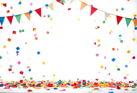 Colorful celebration confetti falling with party bunting flags on white festive background high resolution photo