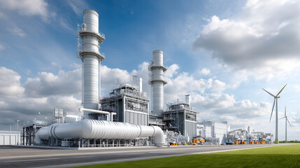 Industrial power plant with large pipes and chimneys renewable energy wind turbine background clear sky with clouds green