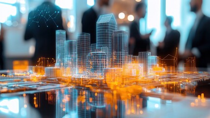 A captivating view of a modern city skyline with towering skyscrapers and high rise buildings illuminated at night their reflections beautifully mirrored in the calm waters below