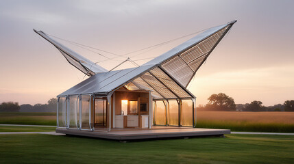 Modern, innovative glass house with solar panels roof, situated green field during sunset, showcasing eco friendly