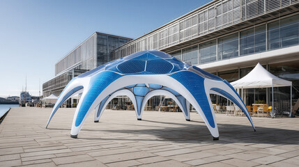 Futuristic solar powered pavilion with sleek design and multiple legs, situated outdoors near modern building with marina