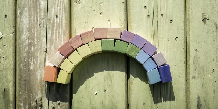 A colorful arch of wooden blocks arranged in a rainbow pattern against a weathered wooden backdrop.