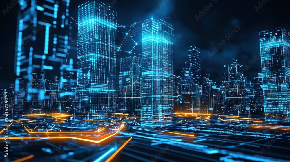 Poster a captivating futuristic cityscape featuring a dynamic network of illuminated skyscrapers interconne