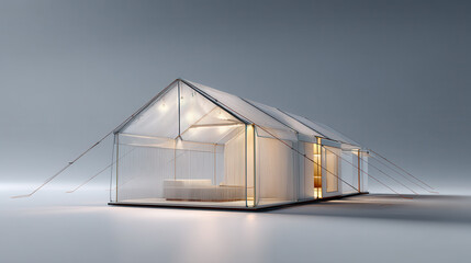 Modern transparent greenhouse with sloped roof illuminated from inside, set against plain background, showcasing innovative