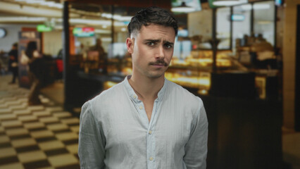 Obraz premium Young man standing in a lively indoor restaurant setting, wearing a light blue shirt, surrounded by modern decor and enjoying the bustling ambiance of the venue.