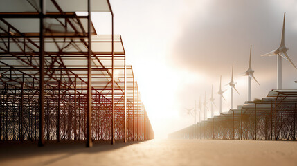 Modern renewable energy farm with wind turbines and solar panel structures cloudy sky, creating sustainable energy scene with
