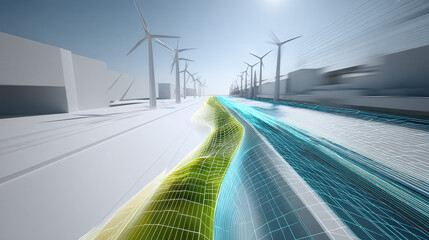 Futuristic digital rendering of wind farm with wind turbines and high speed transportation route, emphasizing renewable energy