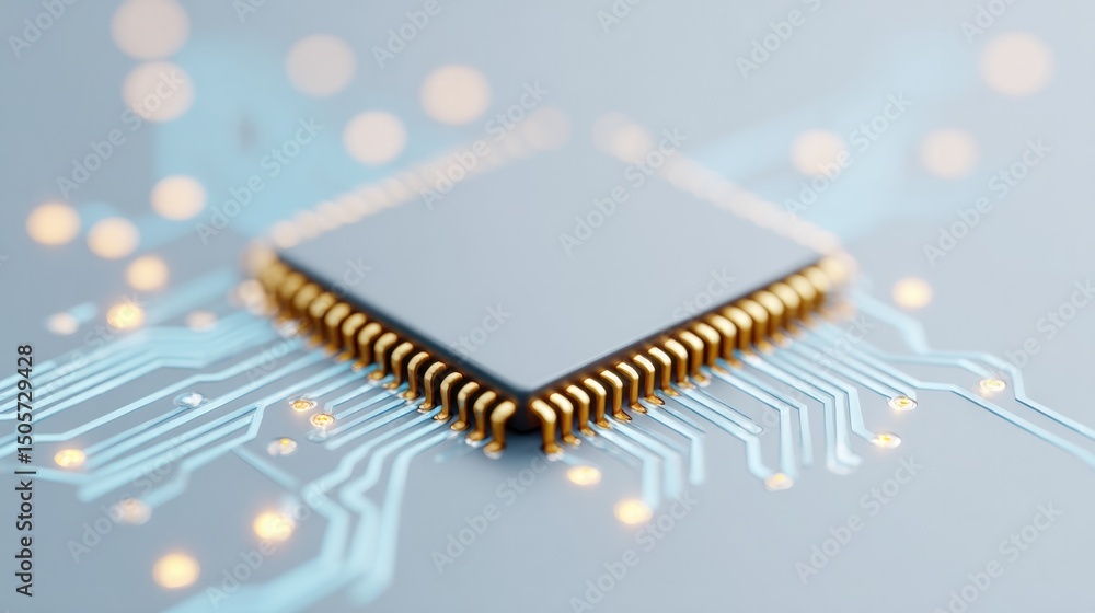 Poster close-up of sleek electronic circuit board with tiny components against plain background