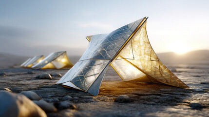 Futuristic solar powered tent with reflective surfaces and innovative design set desert landscape during sunset, showcasing