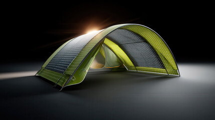Modern green tent with solar panels top, illuminated by sunlight against dark background, showcasing eco friendly camping gear