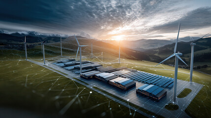 Renewable energy farm with wind turbines and solar panels scenic landscape sunset, emphasizing sustainable technology