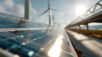 Close up of solar panels with wind turbines background bright sunlight, showcasing renewable energy sources clean