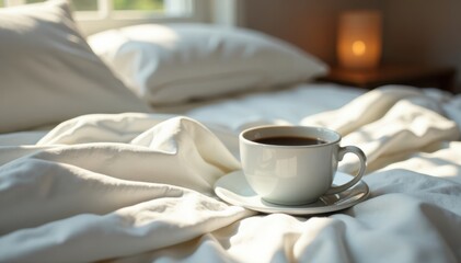 Coffee cup on rumpled white sheets in a cozy bedroom, home, sheet