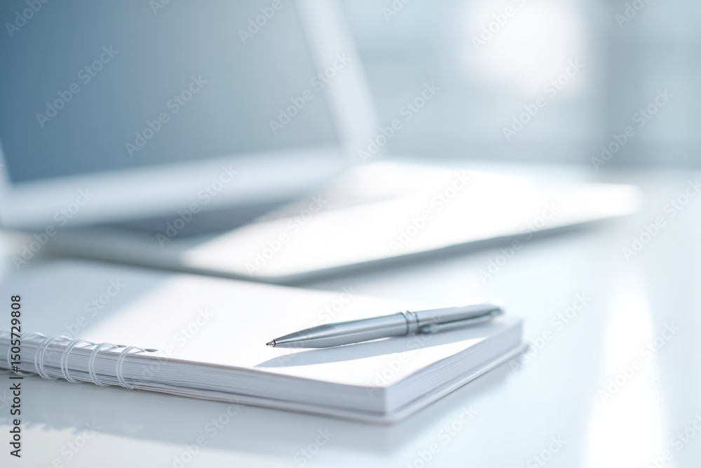 Poster focus on clean desk close-up with minimalistic project management tools like pen notebook and laptop