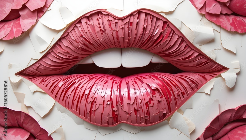 Poster abstract lips with paper edges, convey a sense of layered beauty and fragile structure.