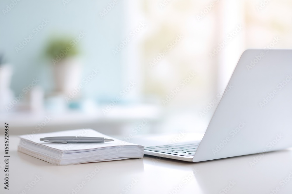Poster focus on clean desk close-up with minimalistic project management tools like pen notebook and laptop