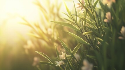Delicate willow branches with fresh green leaves, soft pastel flowers in the background, warm sunlight filtering through, serene and peaceful atmos