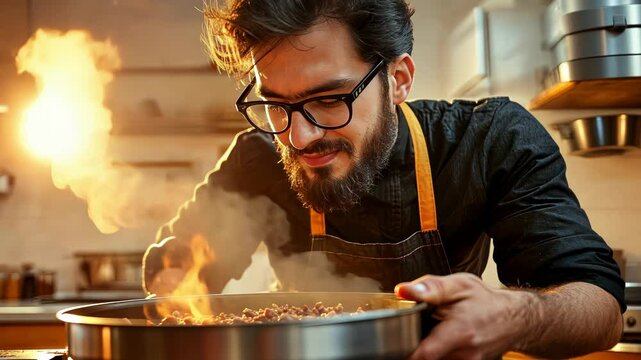 Focused chef tending to sizzling food in a large pan, steam and flames rising