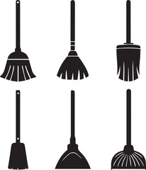 Naklejka premium cleaning broom logo design set, broom vector illustration set, broom silhouette vector isolated on white background