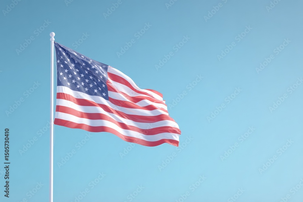Poster minimalistic image of single american flag gently waving in air with ample sky background and copy s
