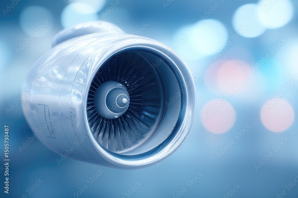 Poster minimalistic close-up of aviation jet engine showcasing intricate metallic components with ample cop