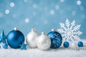 A festive arrangement of blue and white Christmas ornaments and a snowflake against a soft bokeh background, capturing the spirit of the holiday season with elegance and charm.