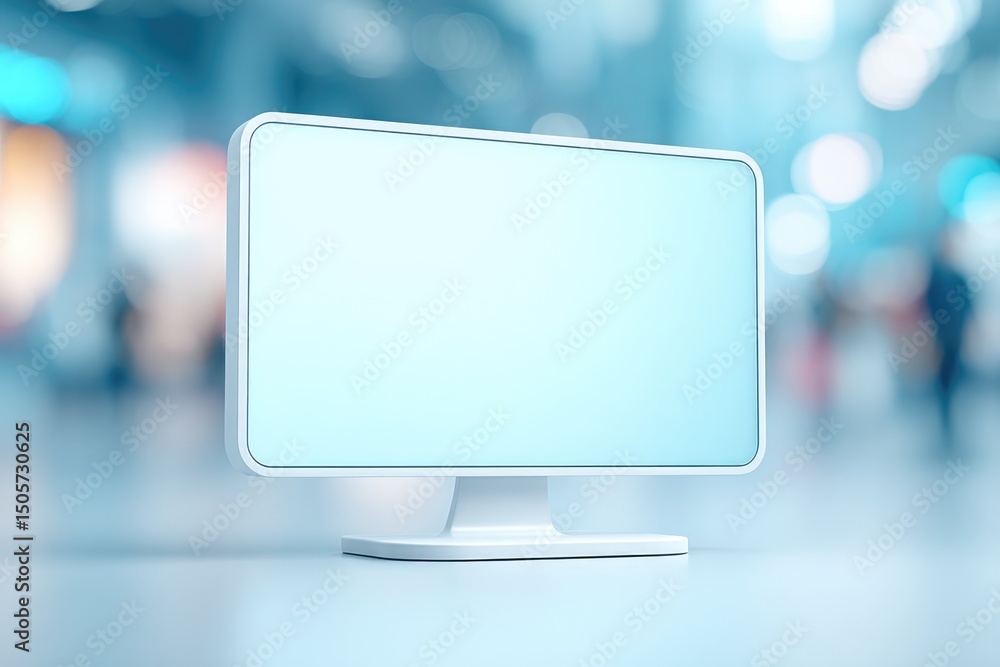 Poster minimalistic setup of modern interactive presentation in focus with clean image of people in backgro