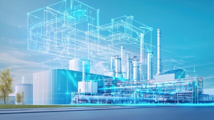 Fototapeta premium A detailed futuristic architectural blueprint depicting the intricate design and layout of a modern high tech industrial plant or factory facility