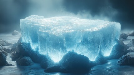 Glowing Iceberg on Rocks, Dark Glacial Scene