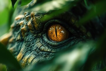 Predator dinosaur eye hiding in green jungle leaves
