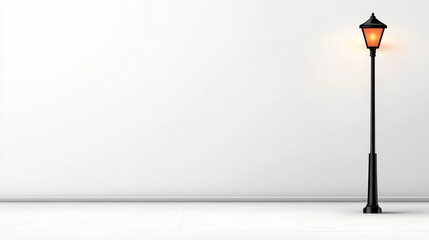 Illuminated Street Lamp Against White Wall - A single lit streetlamp stands against a plain white wall in this minimalist . Perfect for backgrounds or design projects