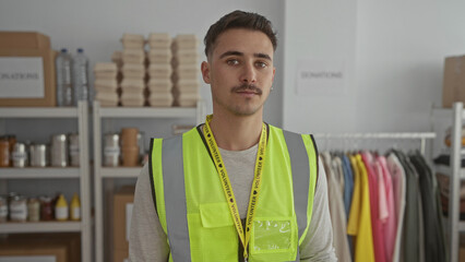 Young hispanic man in reflective vest stands in a charity donation center, surrounded by shelves of...