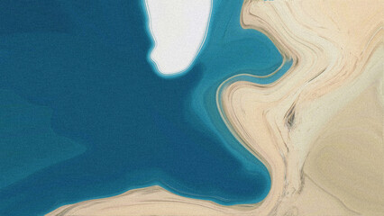 Abstract art depicting a teal ocean meeting a beige beach. Swirling lines create a dynamic texture....