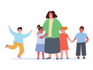 Woman educator with group of children together, taking care of them. Teacher near students. Vector flat graphics.