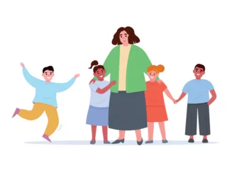 Woman educator with group of children together, taking care of them. Teacher near students. Vector flat graphics. © Ирина Горбунова