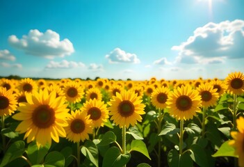Vibrant sunflower garden glowing under warm daylight and soft cotton clouds high resolution photo