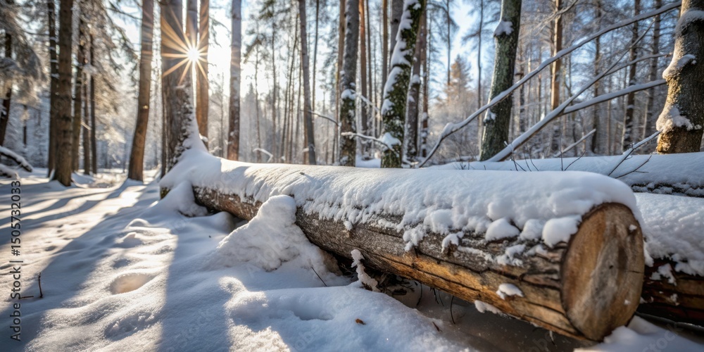 Poster a fallen log covered in pristine snow in a winter forest, sunlight filtering through the trees casti
