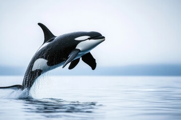 Fototapeta premium Killer whale jumps out of ocean water in wild nature
