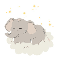 Baby elephant sleeping on cloud. Boho children’s poster. Adorable animal illustration. Vector illustration
